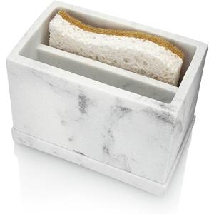 Essentra Home White Marble Kitchen Sponge Holder, Modern Kitchen Sink Caddy with Drain Tray