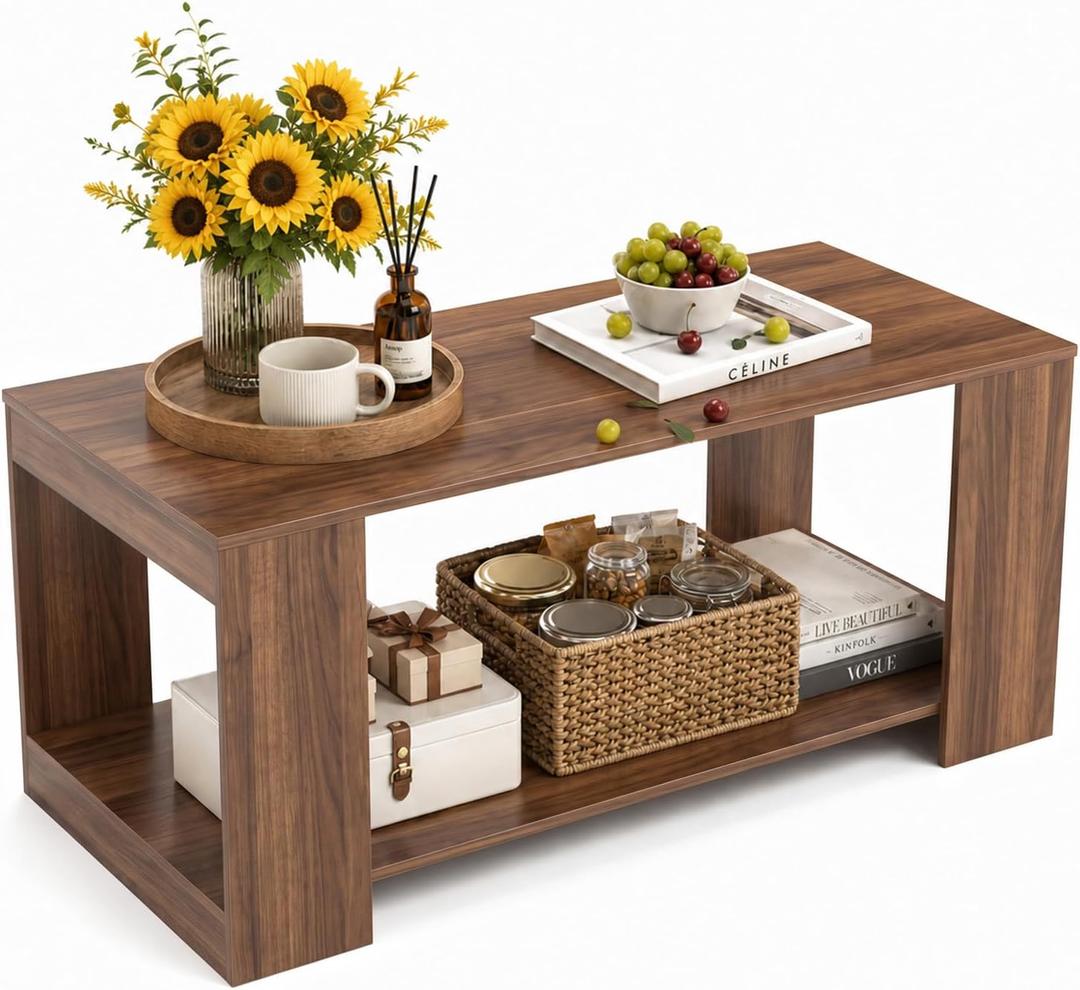 Coffee Table for Living Room, 39" 2-Tier Wood Table with Storage, Modern Rectangle Center Table, Small Space Home Furniture,Easy Assembly