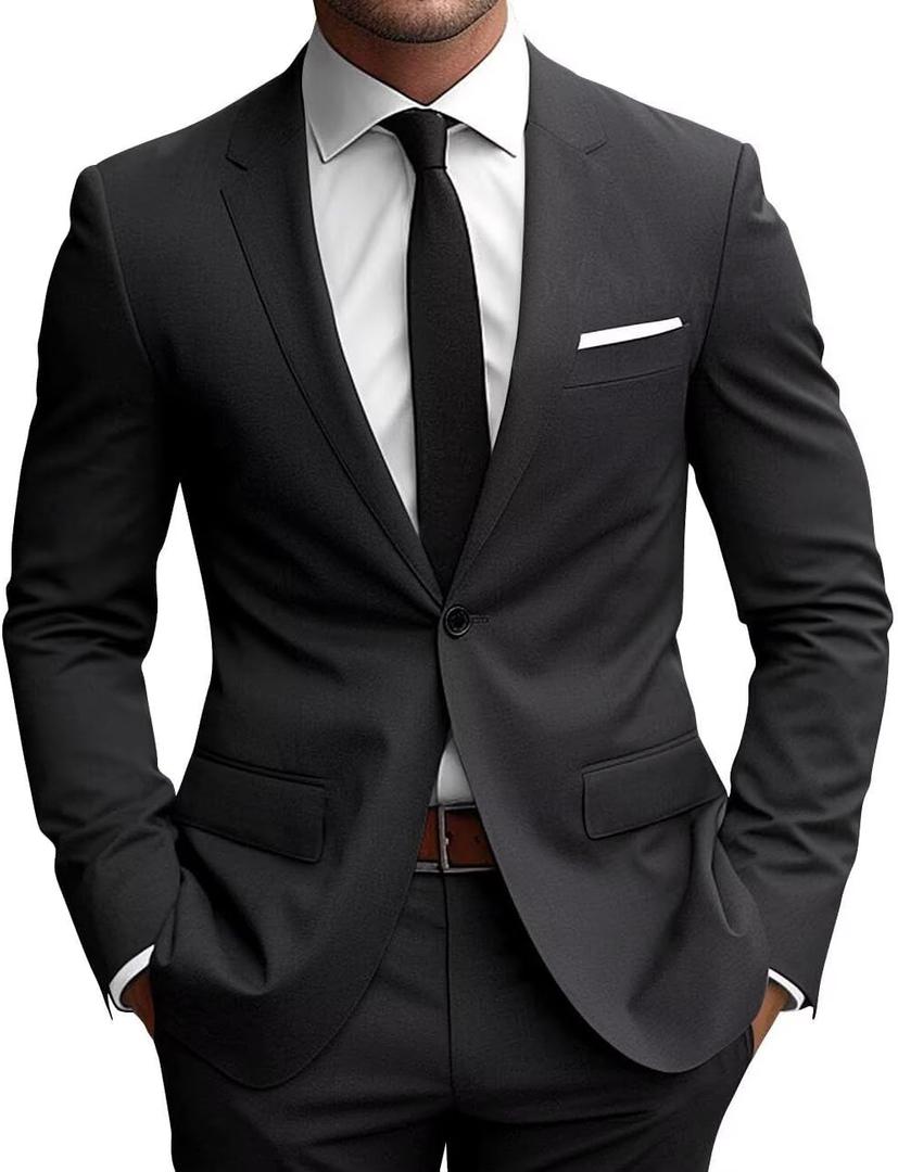 Wangyue 2 Piece Suit Men Slim Fit Suits for Mens One Button Men Suit Slim Fit Wedding Groomsmen Prom Homecoming Suits (Large, Black)