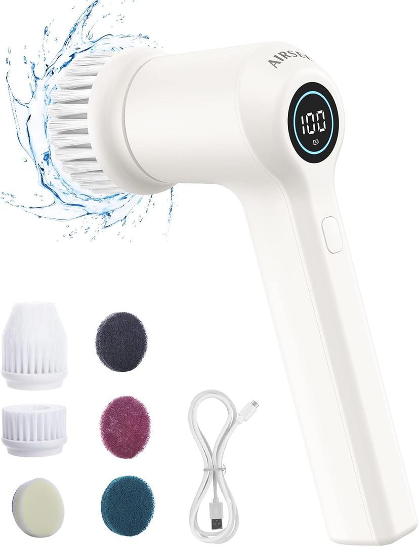 AIRSEE Electric Spin Scrubber, Cordless Power Rotating Brush, 2 Speeds, 6 Replaceable Brush Heads, Handheld Shower Bathroom Scrubber for Cleaning Floors, Windows, Bathtubs, Tiles, Sink, Car (White)