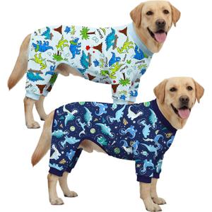 XPUDAC 2 Pack Dog Pajamas for Medium Large Sized Dog, Soft Warm Dog Onesie Stretch Lightweight Pet Outfit Jammies Pet Clothes Boy Dinosaur Print, 3X Large(Chest-26" Back-19.7" Neck-17.3")