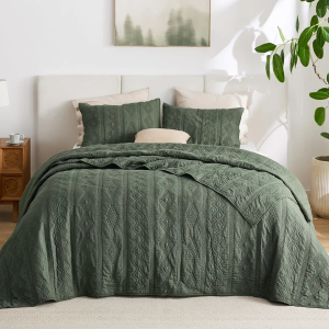 Bedsure 100% Cotton Quilt Set, Lightweight King Bedspread, Olive Green Cozy Bedding Coverlet 3-Piece with Pillow Shams in Geometric Pattern for All Season, 106x96 inches, 100% Cotton Voile
