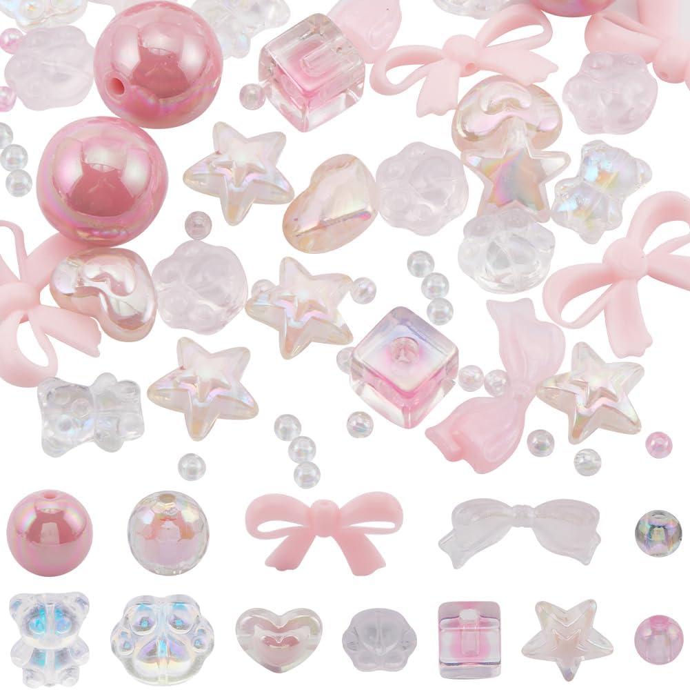 SUNNYCLUE 150Pcs 12 Styles Assorted Transparent Acrylic Beads Pink Heart Bow Bead Bulk Bowkont Star Bear Paw Faceted Round Ball Cube Loose Spacer Beads for Jewelry Making DIY Necklace Bracelet Crafts