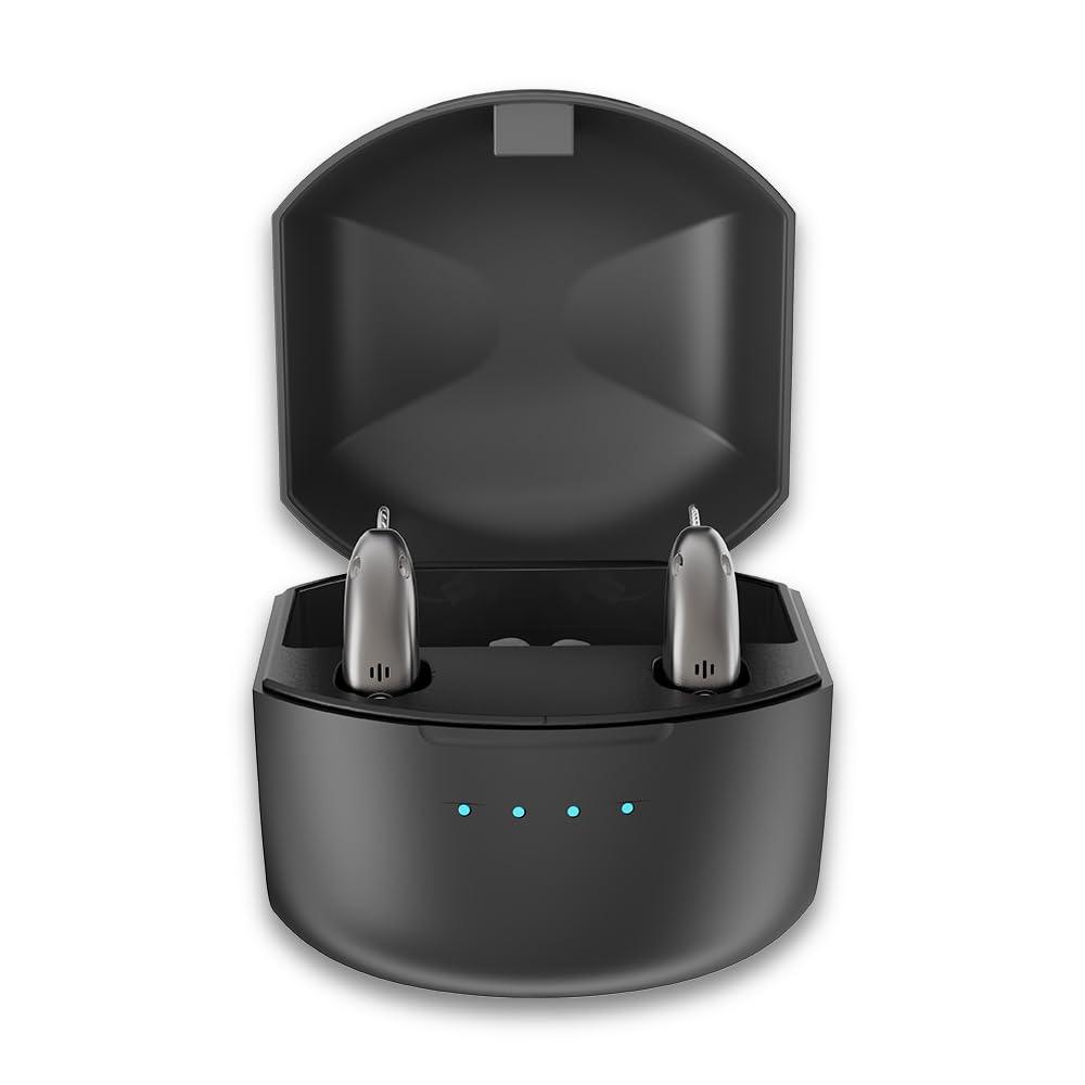 Rechargeable Hearing Aids for Seniors - BTE Digital Hearing Amplifiers w/Intelligent Noise Cancelling, Four Modes, Behind Ear Hearing Aid Pair App Control and Charging Case, Grey