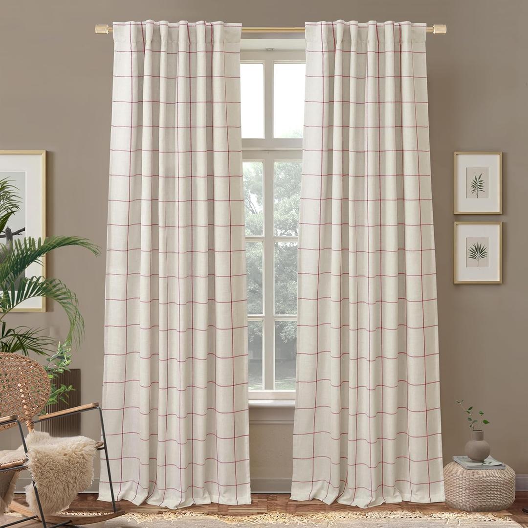 DriftAway 100% Blackout Windowpane Plaid Linen Curtains Double Layer Farmhouse Drapes 96 Inches Long for Living Room Bedroom Yarn Dyed Woven Thermal Insulated Rod Pocket Back Tab 2 Panels Red