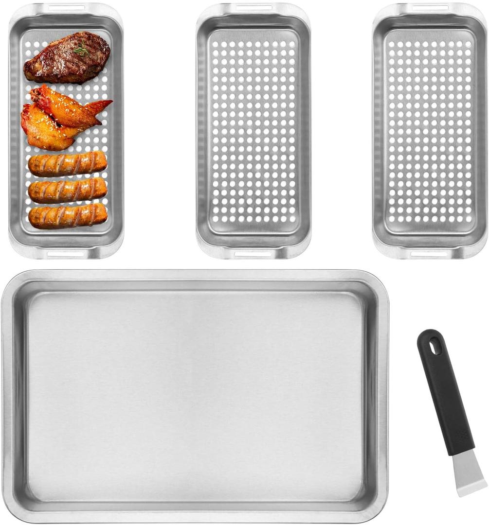 5 Pack Stainless Grill Basket Set, 16.6 x 11.1 Inch Outdoor Grill Basket with Clip-on Handle, Grill Pans for Outdoor Grill, Griddle Accessories for Camping, Picnic,BBQ