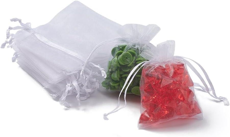 50pcs Organza Drawstring Bags 9x7cm Small Sheer Mesh Pouches Mini Candy Bags for Small Presents Earrings Bracelet Jewelry Packing Snacks Christmas Wedding Party Favor, White