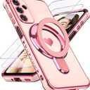for Samsung Galaxy A16 5G Love Heart Kickstand Case with 2X Screen Protector: Luxury Plated Gold Edge Slim Soft TPU Shockproof Protection Case Cover for Galaxy A16 (Pink)