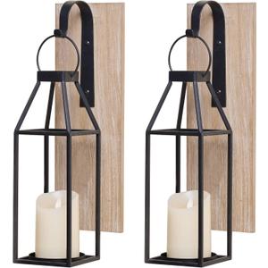 HPC Decor Set of 2 Wood and Metal Wall Sconce Candle Holders - LED Candle Wall Sconces for Porch, Living Room, Bathroom, Dining Room