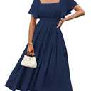 GRACE KARIN Women's Summer Ruffle Sleeve Smocked Dress Square Neck Flowy Tiered Midi Dresses Navy S