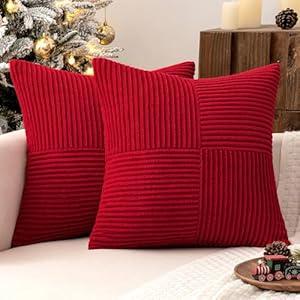 MIULEE Christmas Red Corduroy Pillow Covers Pack of 2 Boho Decorative Spliced Throw Pillow Covers Soft Solid Couch Pillowcases Cross Patchwork Cushion Covers for Living Room Bed Sofa 18x18 inch