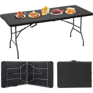 BestOffice Outdoor Folding Camping Table Plastic Table Portable Square Height Dining Table Perfect for Picnics, Parties, Party and Camping, Black Ratten (6 FT)