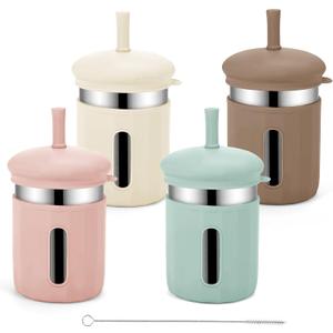 Stainless Steel Kids Cups, 12.51 oz Toddler Tumbler with Straws and Lids, Spill-Proof Baby Smoothie Cups with Silicone Sleeve, Versatile 2-in-1 Drinking Snack Cups for Kids