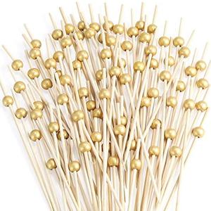 200 Pcs Cocktail Picks, 4.7 Inch Toothpicks for Appetizers, Bamboo Cocktail Sticks Skewers for Drinks, Desserts, Charcuterie, Wedding Party Fancy Toothpicks, Gold Pearl Mini Food Picks Decorative