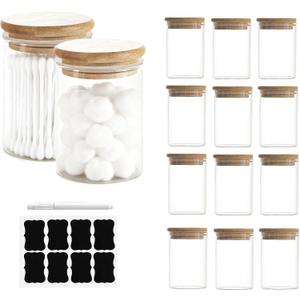 12 Packs Bamboo Qtip Holders, 10 oz Glass Round Storage Containers with Lids for Cotton Pads Swabs Balls, Jewelry/Makeup Organizer and Spice Container