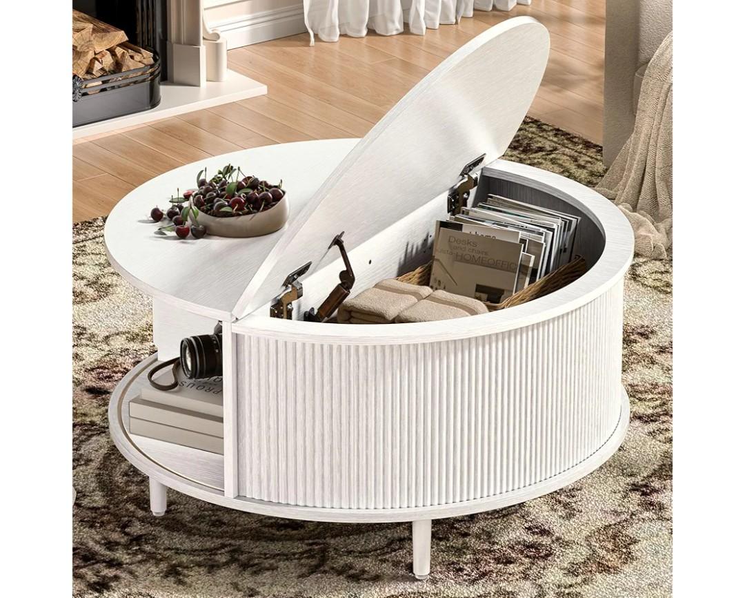 Round Coffee Table, 31.5" Fluted Center Table with Storage, Lift-Top Coffee Table with Adjustable Footpads, Sliding Door, Mid-Century Modern Center Table for Living Room, Small Space, White