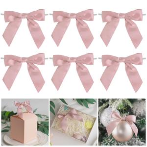 AIMUDI Twist Tie Bows for Treat Bags 3.5" Rose Pink Satin Ribbon Bows for Crafts Premade Bows with Twist Ties for Christmas Cake Pop Candy Apple Small Bows for Gift Wrapping Wedding Decor, 50 PCs