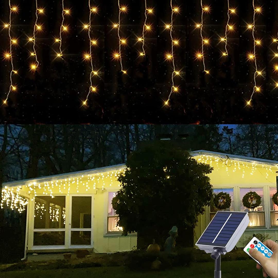 Solar Christmas Icicle Lights,Warm White 304LED Outdoor Christmas Decorations 8 Modes Waterproof Solar Icicle Lights for Patio Yard Garden Wedding Party House Xmas Tree Roof Decorations