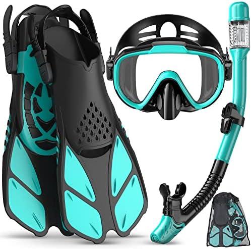 Ubekezele Snorkeling Gear for Adults Men Women, 4 in 1 Snorkel Set with Panoramic View Diving Mask Anti-Fog Anti-Leak,Dry Top Snorkel, Fins and Travel Bag for Swimming, Snorkeling and Travel Diving