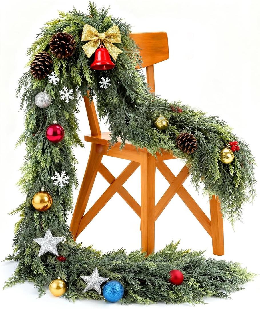 Real Touch Christmas Cedar Garland-6ft Artificial Garlands Faux Cedar Fake Pine Needles Garland for Fireplace Winter Home Stairs Mantel Table Doorframe Indoor Outdoor Xmas Decorations(6ft)