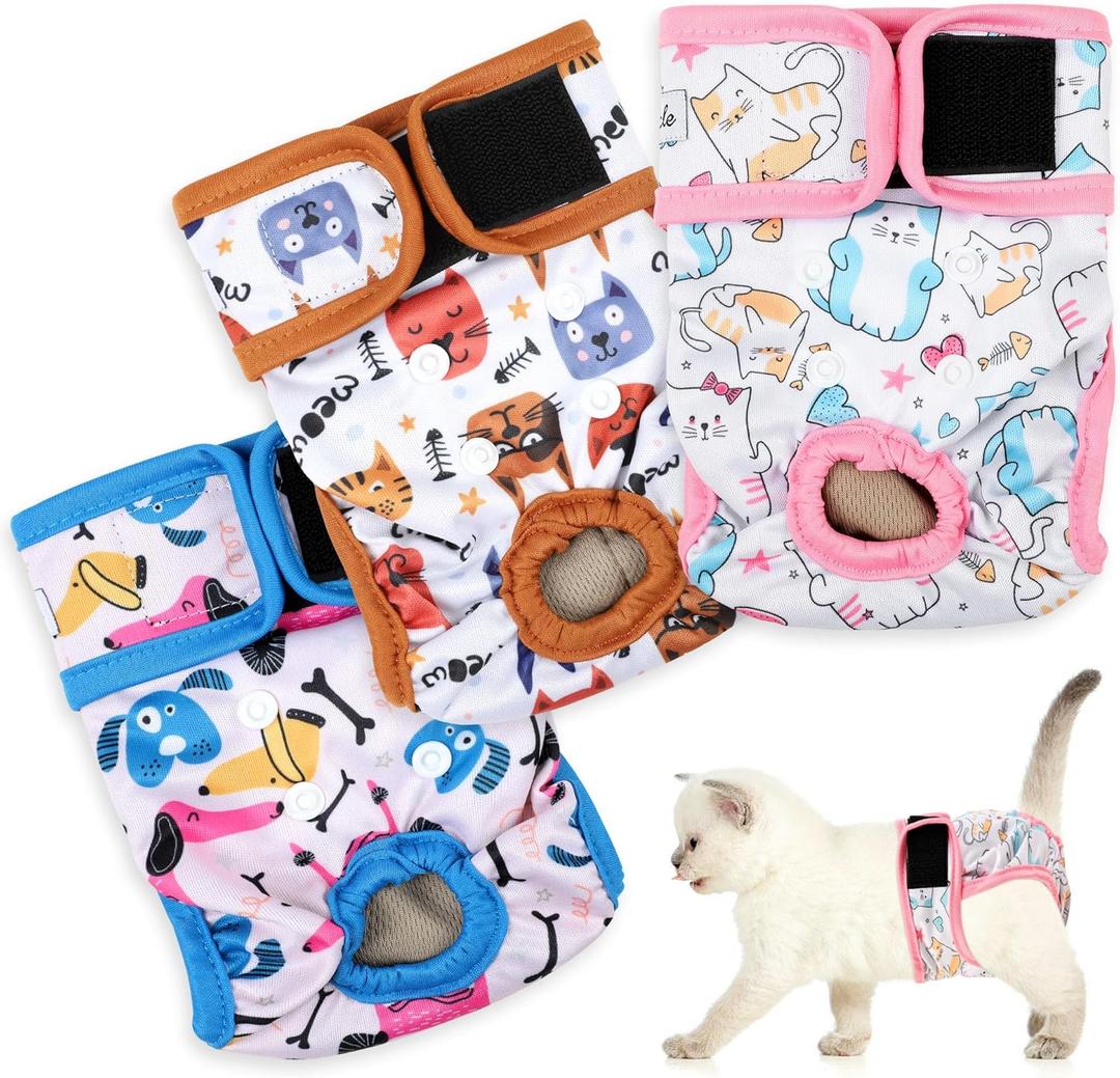 Reusable Cat Diapers 3 Pack With Good Absorbency for Female and Male Cats - Small, Easy to Put On, Adorable, Secure Fit, Small(New Born-10.5"Waist)