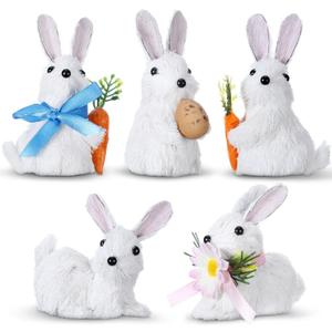 Wesiti 5 Pcs Sisal Easter Bunny Figurines Easter Realistic Rabbit Centerpieces Decor with Carrot Spring Decorations for Holiday Parties Farmhouse Decor(Bunny)
