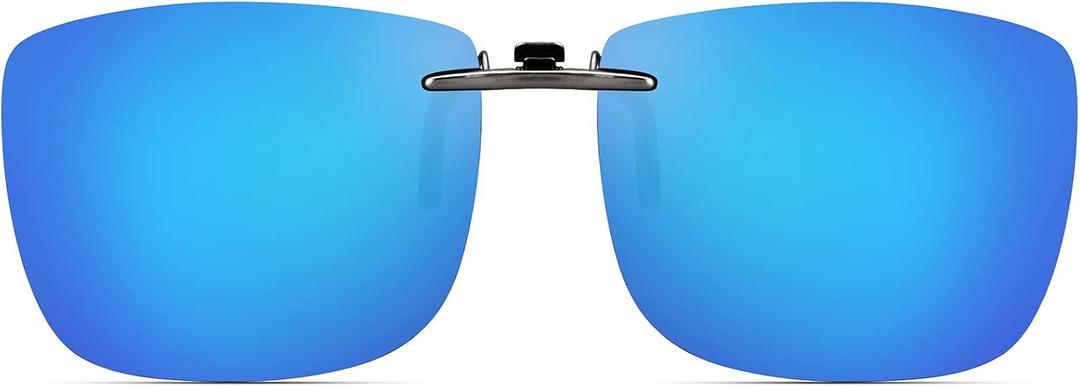 Polarized Clip On Sunglasses Over Prescription Glasses Men Women Compact Fit Non-Flip Up (Blue Mirrored)