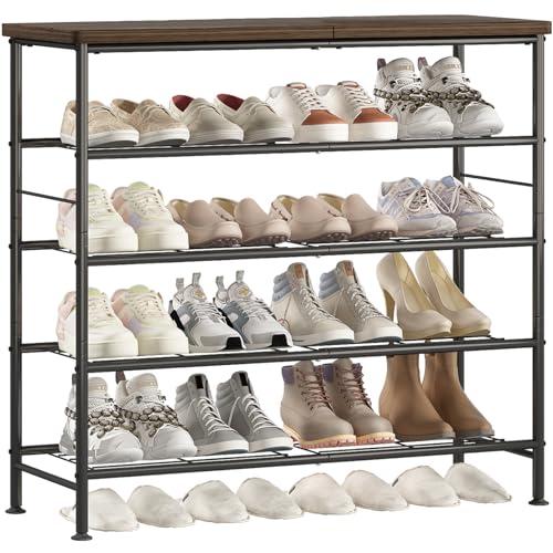 SUOERNUO Shoe Rack Organizer 5 Tier for Closet Entryway Free Standing Metal Storage Shoe Shelf with MDF Top Board, Black+Rustic Brown
