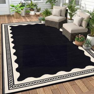 Dunzy Scalloped Outdoor Patio Rug, 5 x 8 ft Non-Slip Reversible Plastic Straw Pool Rug, Indoor Outdoor Area Mat for Outside Rv Camping Deck Beach Porch Backyard (Black, Beige)