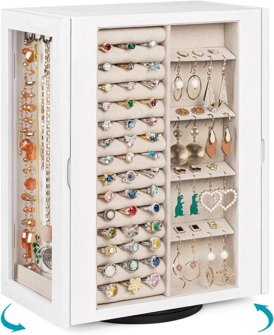 Emfogo 360 Rotating Jewelry Box for Women, Vintage Wooden Large Jewelry Organizer with 5 Drawers, Glass Doors, Vertical Open Design Jewelry Organizers and Storage for Earring Ring Necklace Bracelet (Weathered White)
