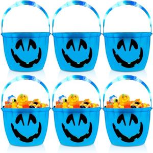 Liliful 6 Pcs Pumpkin Halloween LED Trick or Treat Candy Bucket, Large 8.6 in Light up Candy Bucket for Kids Jack O Lantern for Halloween Party Decoration (Teal)