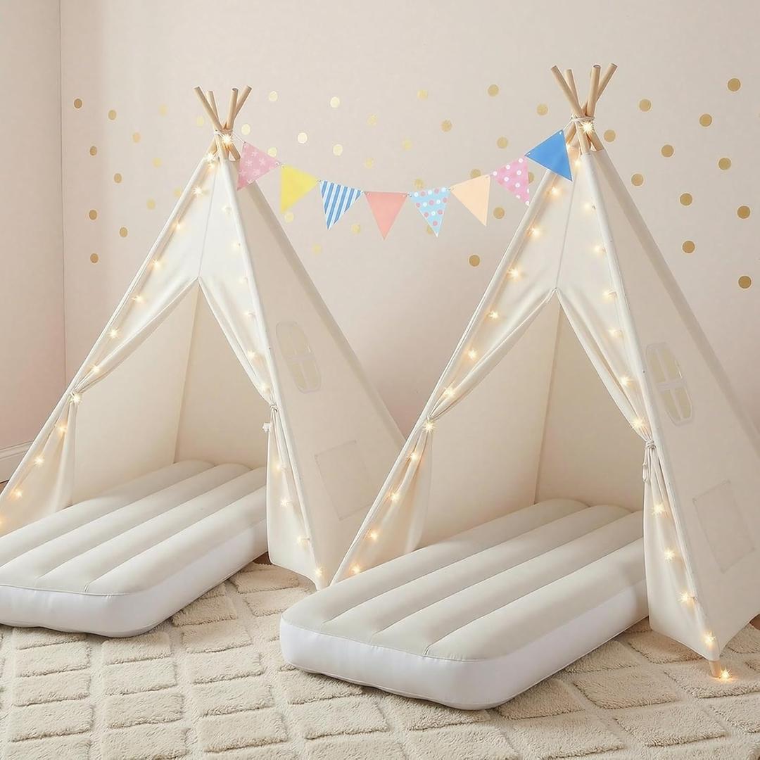 2 Pack Kids Tent Indoor with Inflatable Airbeds, Teepee Tent for Kids Slumber Party, Foldable Toddler Play Tent Sleepover Tents for Girls & Boys Gift
