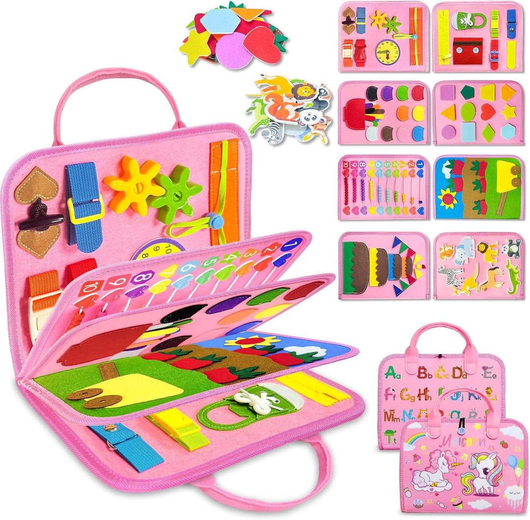 Exorany Busy Board Montessori Toys for Toddler Girl Birthday Gifts, Busy Book Sensory Learning Toys for Toddlers, Toddler Girl Airplane Car Travel Toy Educational Activities