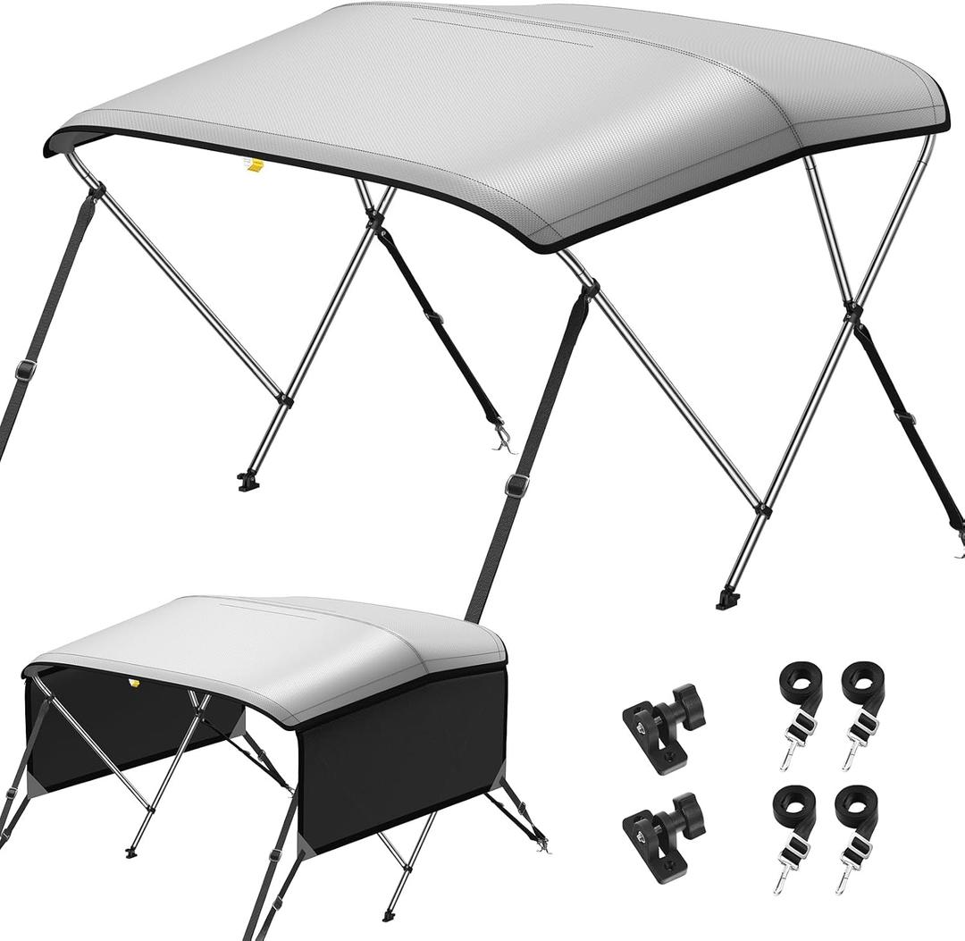 KAKIT 3 4 Bow Bimini Tops for Boats with Mesh Sides Heavy Duty Cover Adjustable 4 Straps Zippered Storage Boot (Dark Gray)
