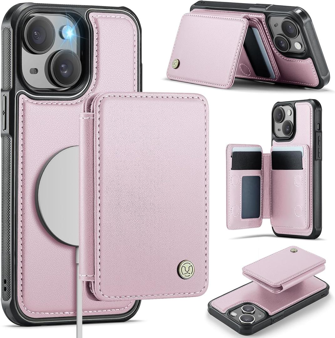 Compatible with Magsafe for iPhone 15 Plus Wallet Case Magnetic Card Holder, RFID Blocking 2 in 1 Detachable Kickstand Shockproof Case for Women Men, Pink