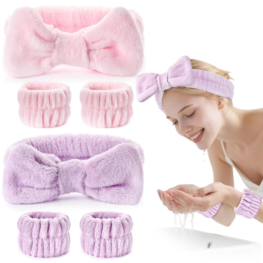 6Pack Headband and Wristband Set for Washing Face, Spa Skincare Makeup Headband, Soft Puffy Hair Band Bow Tie, for Women and Teen Girl Trendy Stuff Gifts (Pink+purple)