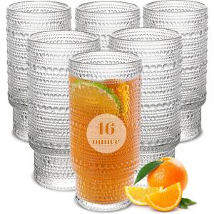 Large Capacity 16 oz Hobnail Drinking Glasses Set of 6, Vintage Glassware Drinking Glasses, Clear Water Glasses Tumbler, Cups for Kitchen, Juice, Beer, Cocktail, Whiskey