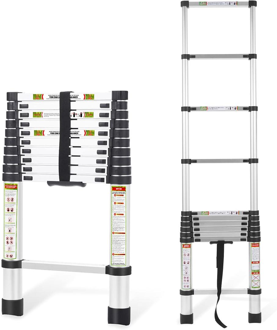 RIKADE Telescopic Ladder, 10.5 ft Aluminum Telescoping Ladder with Non-Slip Feet, Portable Extension Ladder for Household and Outdoor Working, 330 lb Capacity