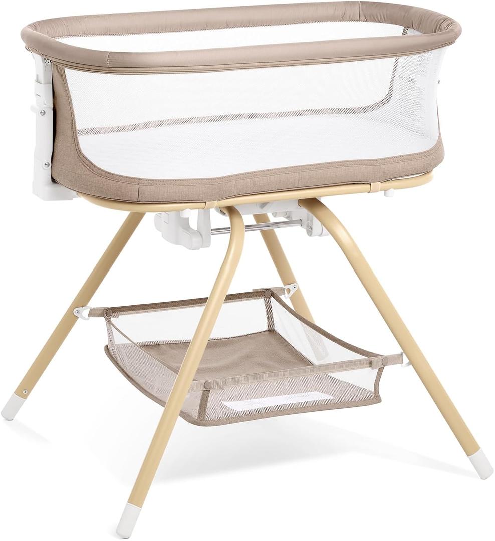 ANGELBLISS 3 in 1 Baby Bassinet, Rocking Bassinets Bedside Sleeper with Calming Motion, Portable Nest for Newborn Infant, Breathable Mesh (Khaki)
