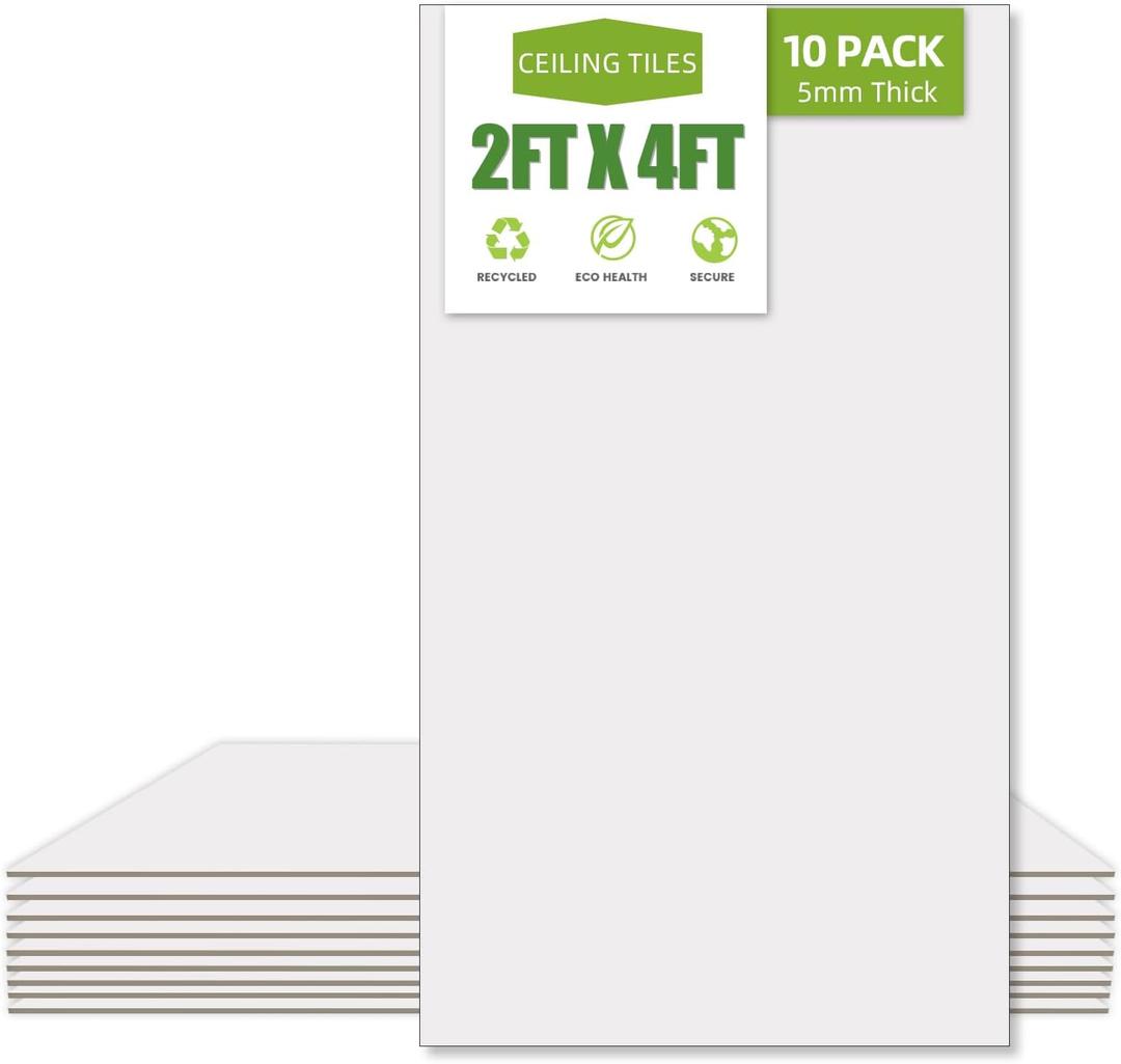 Noooza 2ft x 4ft Drop Ceiling TilesSmooth White PVC Ceiling Panel 24 x 48in. Waterproof, Washable and Fire-Rated - Reusable - High-Grade PVC to Prevent Breakage-Package of 10 Tiles