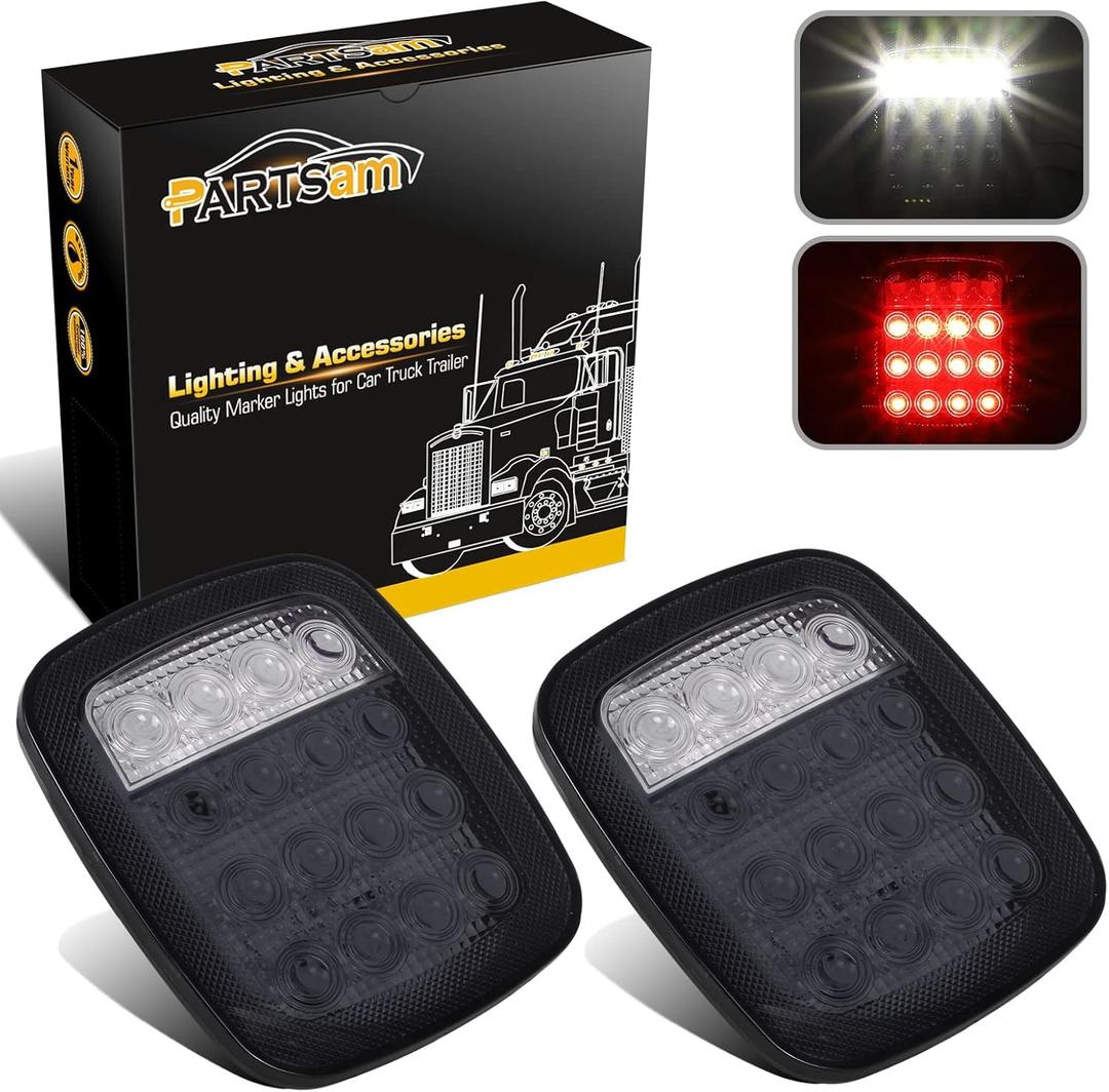 Partsam 2x LED Tail Lights 16LED Stop Brake Turn Reverse Tail Light Combination 12-5050 Red 4-5050 White Smoke Lens Compatible with Wrangler YJ TJ CJ Pick-up Truck Trailer RV