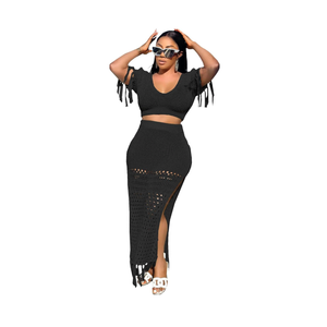 Ladies Casual Sexy Hollow Out Knit 2 Piece Tassel Crop Top and High Split Skirt Set, (Size S)