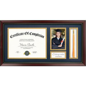 11x22 Diploma Frame with Tassel Holder, Graduate Frame for 8.5x11 Certificate Document and 4x6 Photo, Linen Texture Blue over Gold Double Mats, HD Real Glass, Mahogany with Gold Beads Embossing