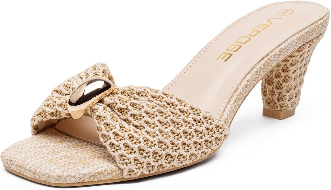 Vepose Women's Woven Mule Heels Square Open Toe Sandals | Dressy summer sandals with 2.8 in flared block heel, slip-on fit, rubber sole, office, vacation, and weekend 8.5