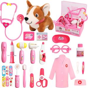 Doctor Kit for Toddlers 3-5 Dress Up for 2+ Year Olds Girls Pretend Veterinarian Toddler Doctor Play Set with Stethoscope Pink Costume Dog Toy Birthday Gifts for 2 3 4 5 6 Year Old Girls
