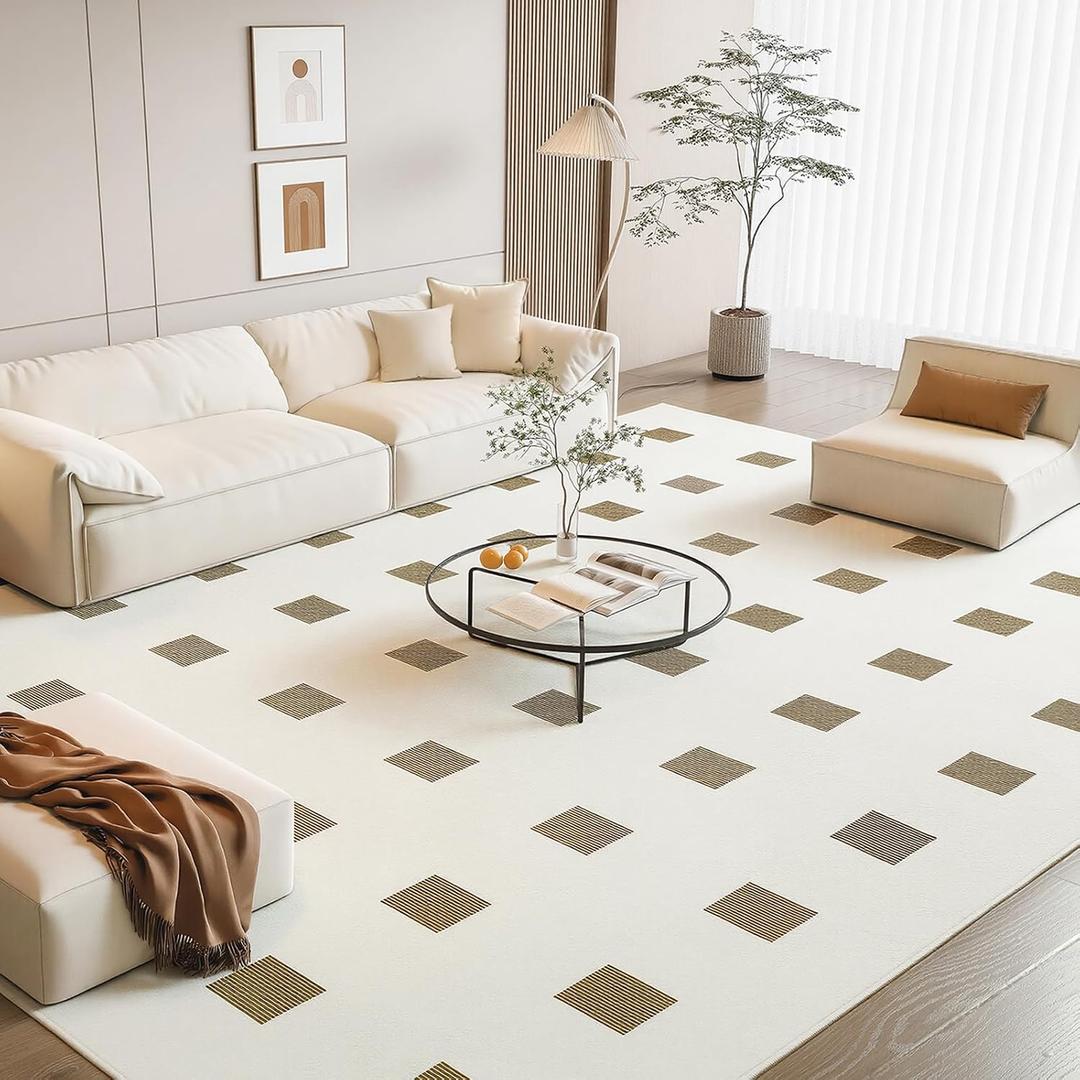 Premium 8x10ft White and Beige Checkered Rugs Extra Large Living Room Bedroom Plaid Rug Machine Washable Soft Throw Carpets for Nursery Kids Girls