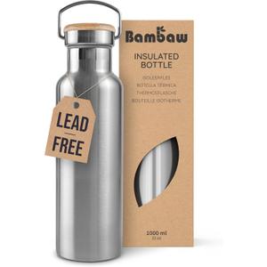 Bambaw 32 oz Water Bottle | Insulated Water Bottles | Water Bottle Stainless Steel | Insulated Travel Water Bottle | Insulated Water Bottle | Stainless Steel Water Bottles | 1 Liter Water Bottles (Silver)