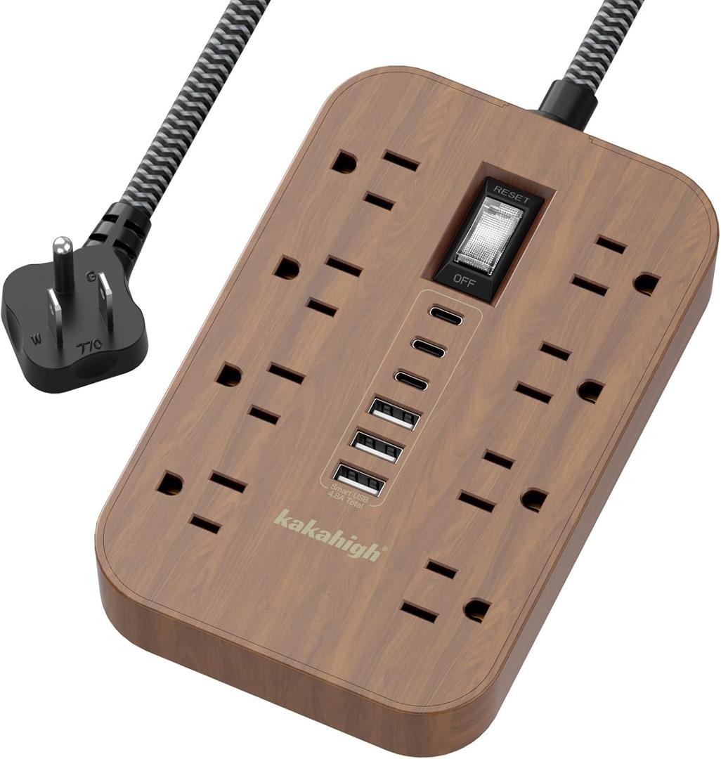 Walnut Power Strip with USB Ports - 5 FT Wood Power Strip, 1625W Decorative Extension Cord with 6 AC Outlet 3 USB, for Brown Tan Wood Walnut Grain Aesthetic Vintage Rustic Desk Accessories Decor