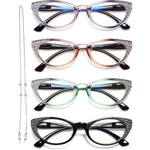 EYEURL Cat Eye Reading Glasses for Women, Blue Light Blocking 4 Pack Ladies Fashion Readers, Anti Glare Eyeglasses with Flexible Spring Hinges 2.00