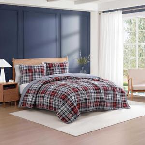 Tommy Hilfiger - Queen Quilt Set, Soft Cotton w/Breathable Feel, Lightweight Bedding for Year Round Comfort, 3 Piece Bed Set w/Matching Pillowcases (Collegiate Tartan Blue)